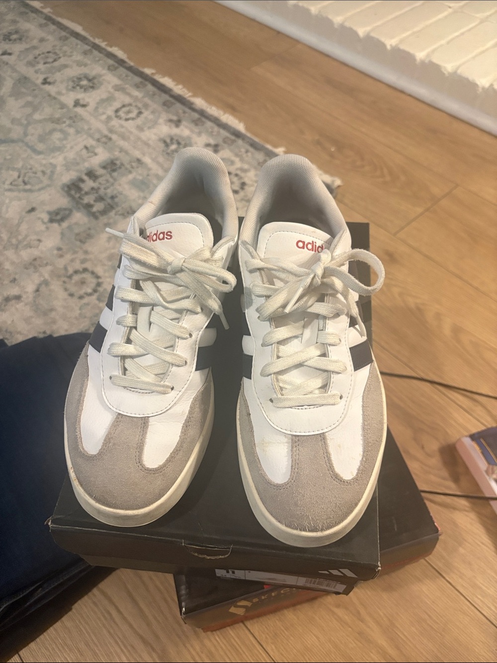 adidas Men's White and Gray Casual Sneakers with Blue Stripes